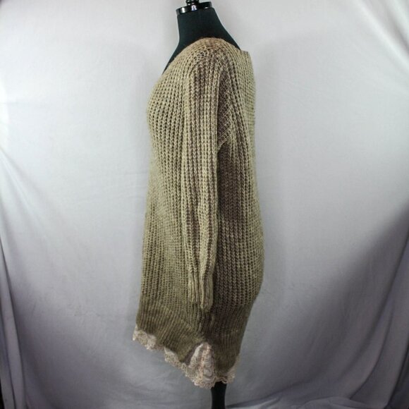 Makadamia Sweater Dress Lace Trim V Scoop Neck Acrylic Mohair Wool Tan B… - Picture 2 of 7